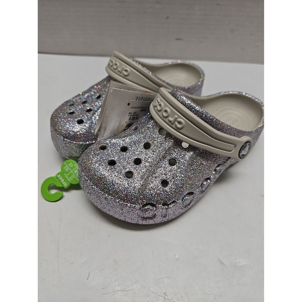 Crocs Unisex Classic Glitter ClogMetallic Silver Sandal Shoes Size C 12